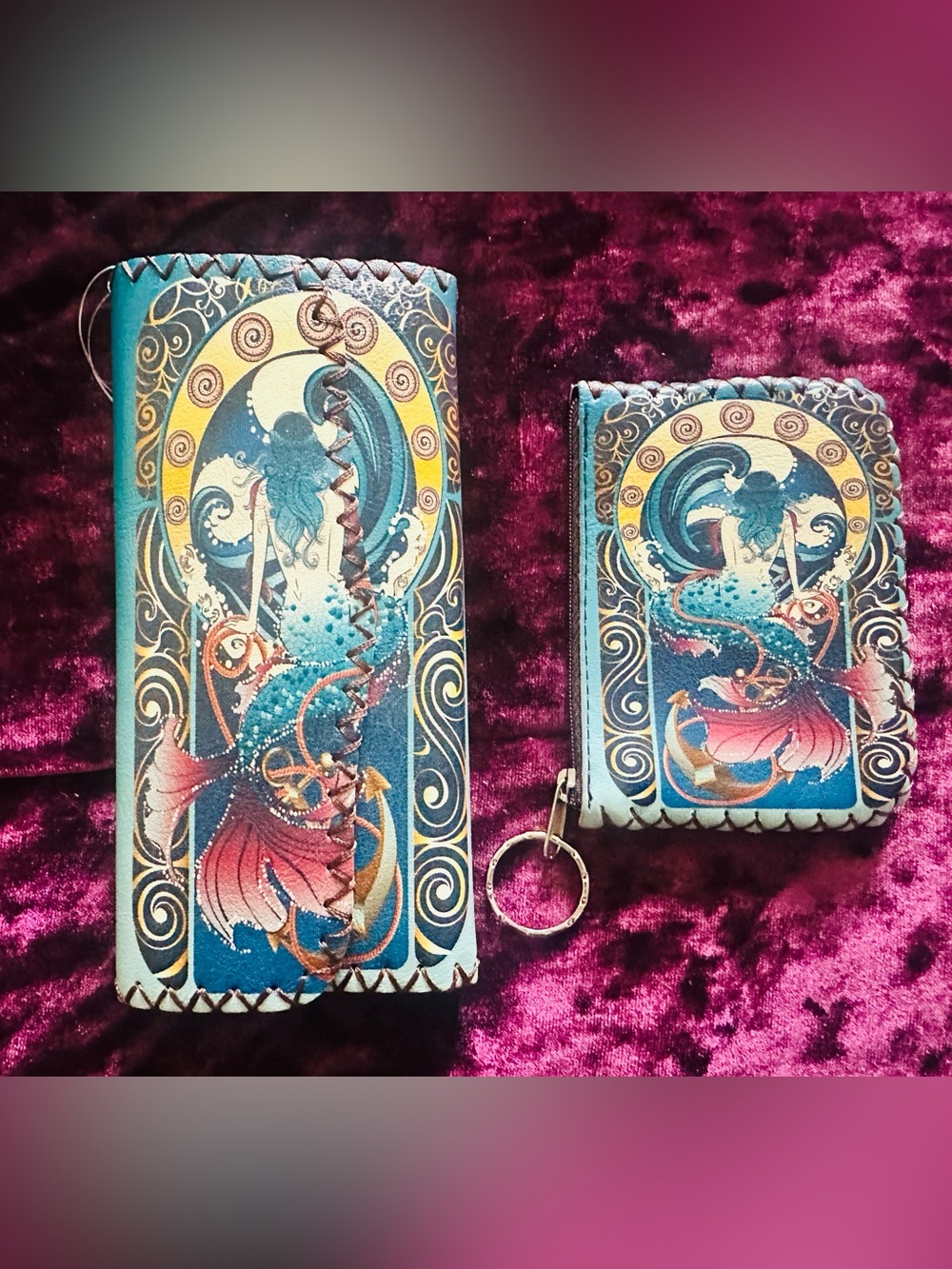 Mermaid Art Wallet and Keychain Set - Teal, Blue, Pink